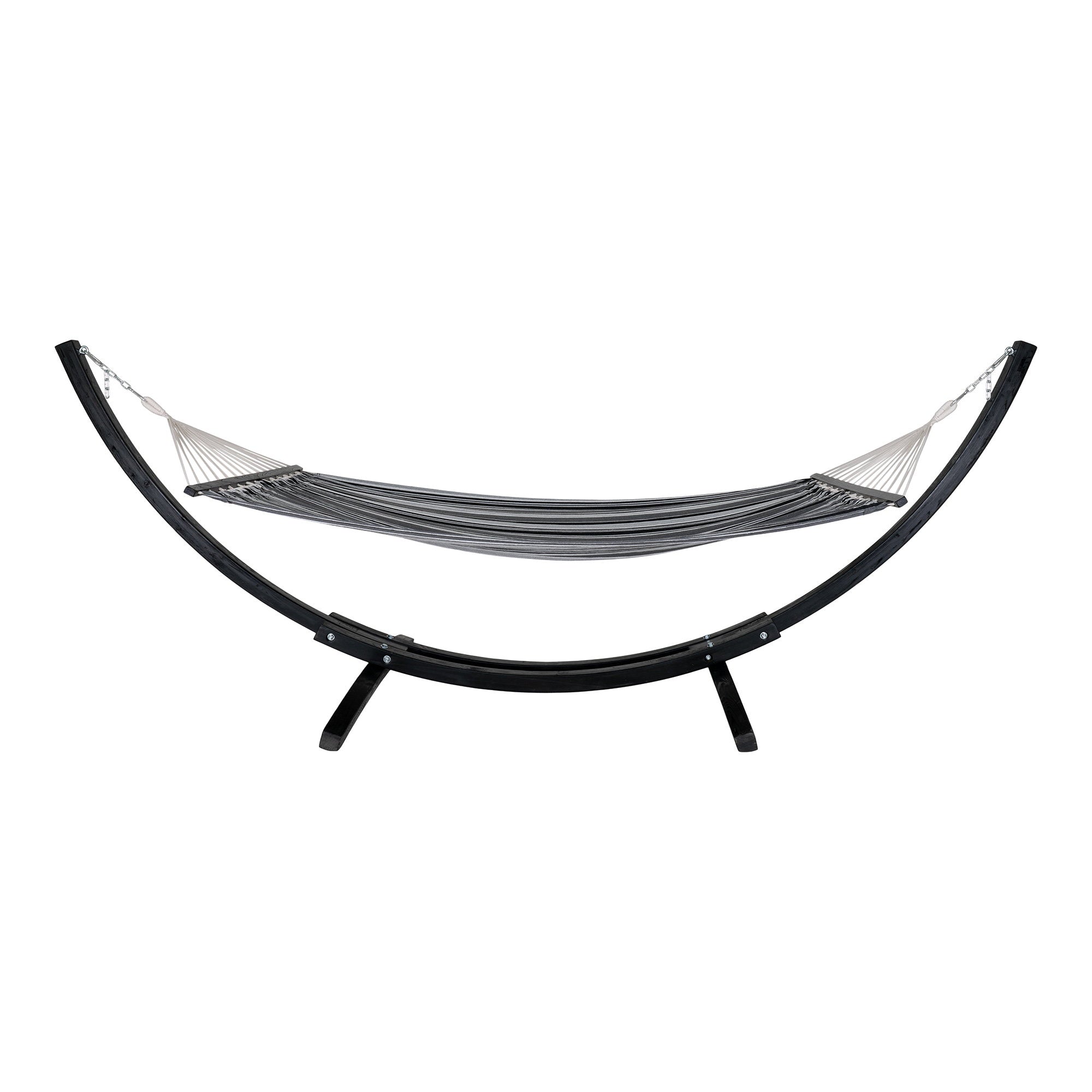 Hamac sur support Tripoli coton rayé noir gris arceaux bois laqué noir, vue de face