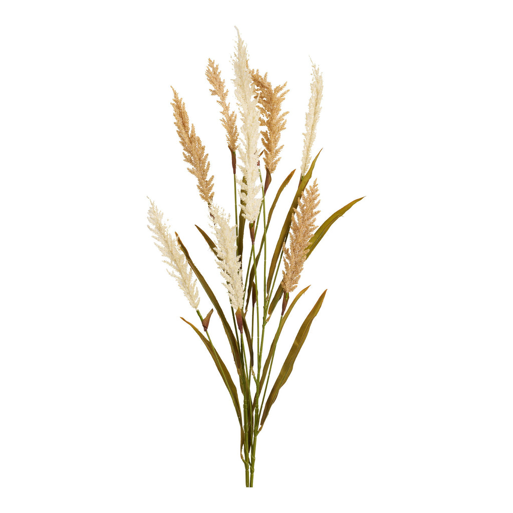 Bouquet de 2 tiges herbe artificielle beige 130cm avec épis blanc crème et feuillage vert bordeaux