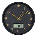 Horloge murale Amiens cadran noir mat chiffres et aiguilles dorés écran LCD date jour et température