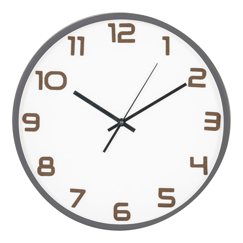 Horloge murale ronde Greenwich gris anthracite cadran blanc chiffres bois Ø35 cm vue de face