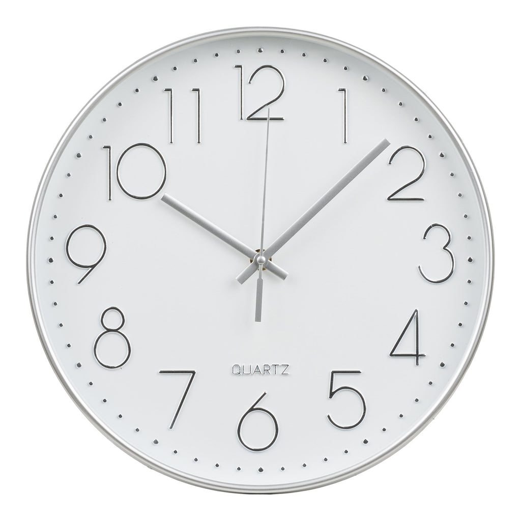 Horloge murale Lalibela argentée silencieuse cadran blanc chiffres relief Ø30 cm vue de face