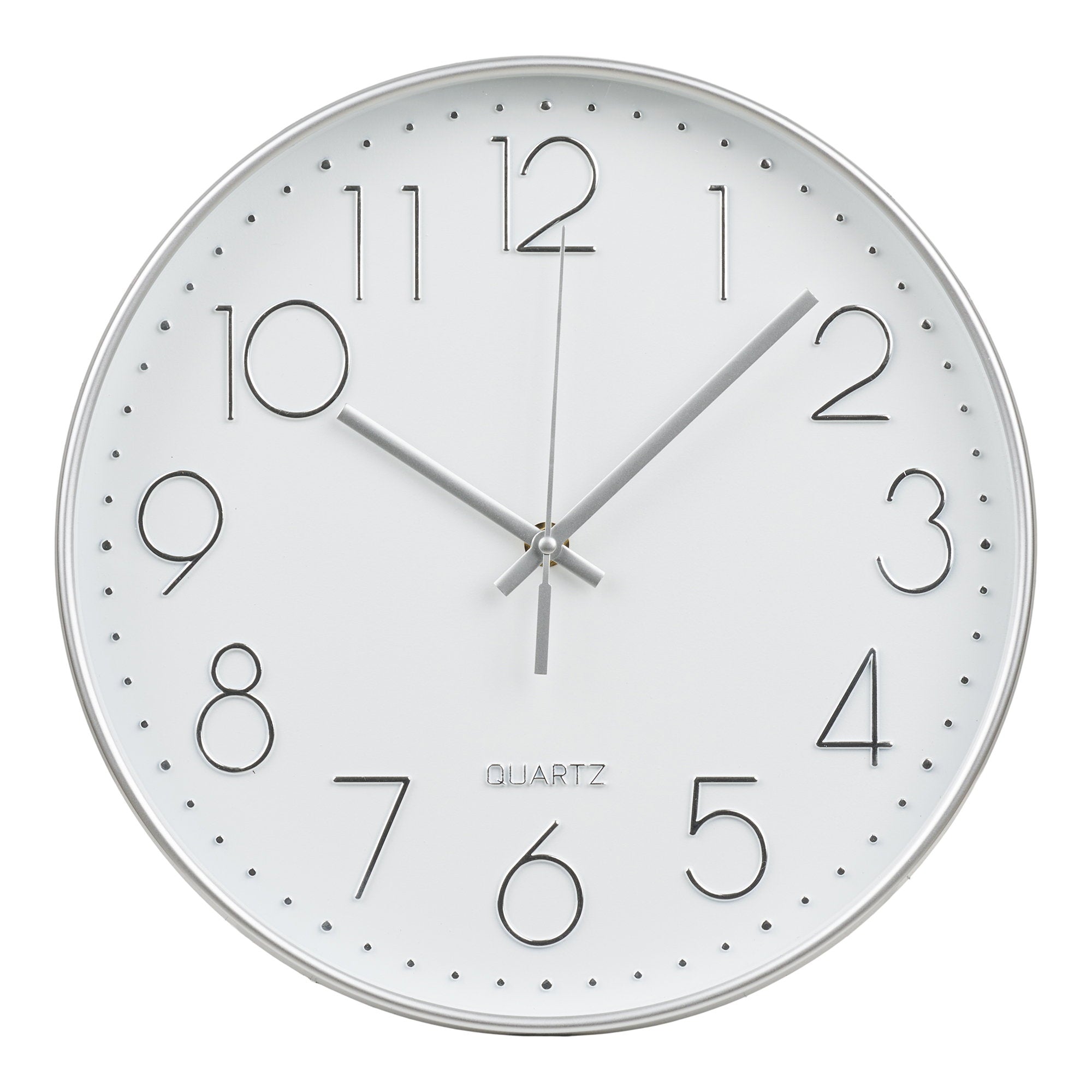 Horloge murale Lalibela argentée silencieuse cadran blanc chiffres relief Ø30 cm vue de face