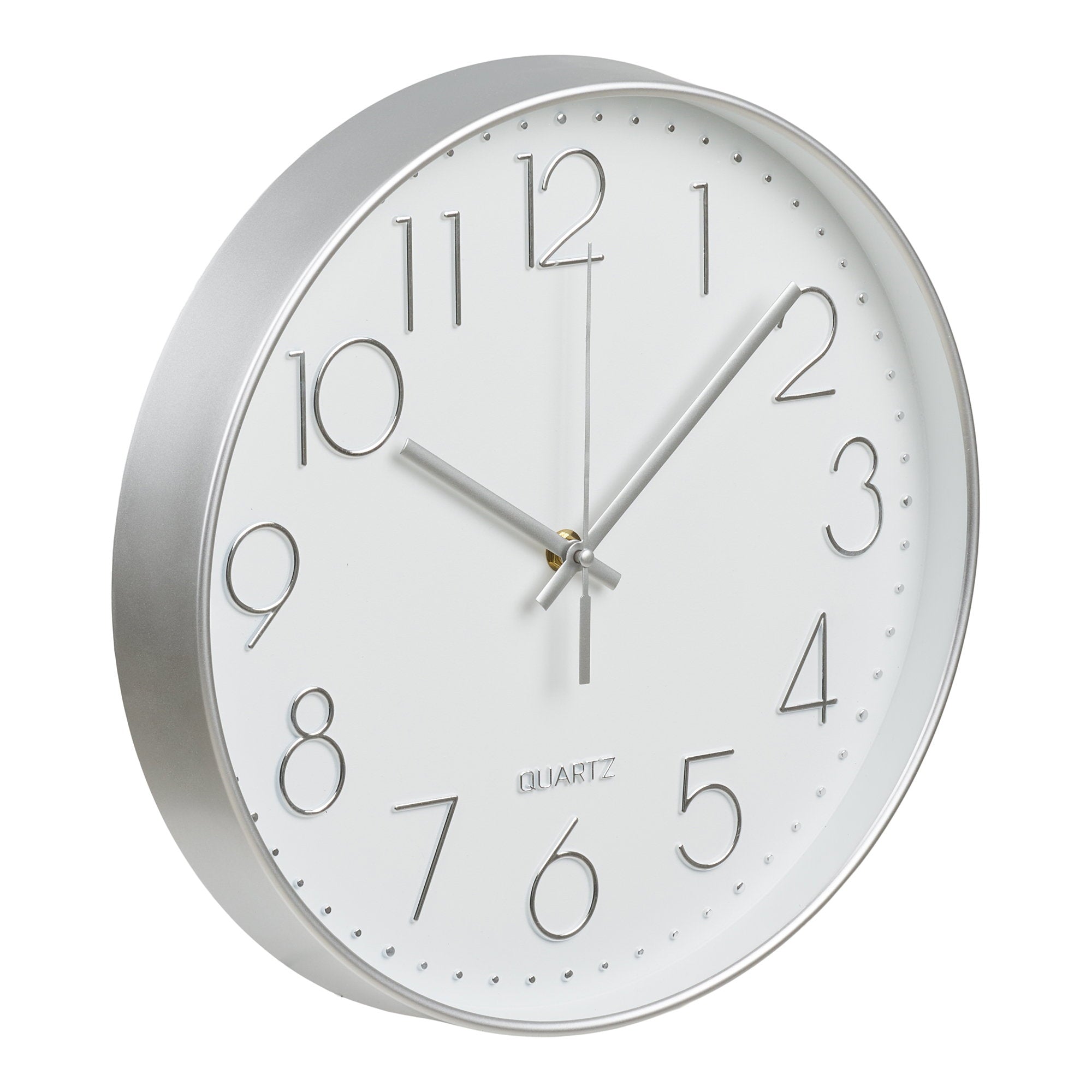 Horloge murale Lalibela argentée cadran blanc mécanisme quartz silencieux vue trois quarts