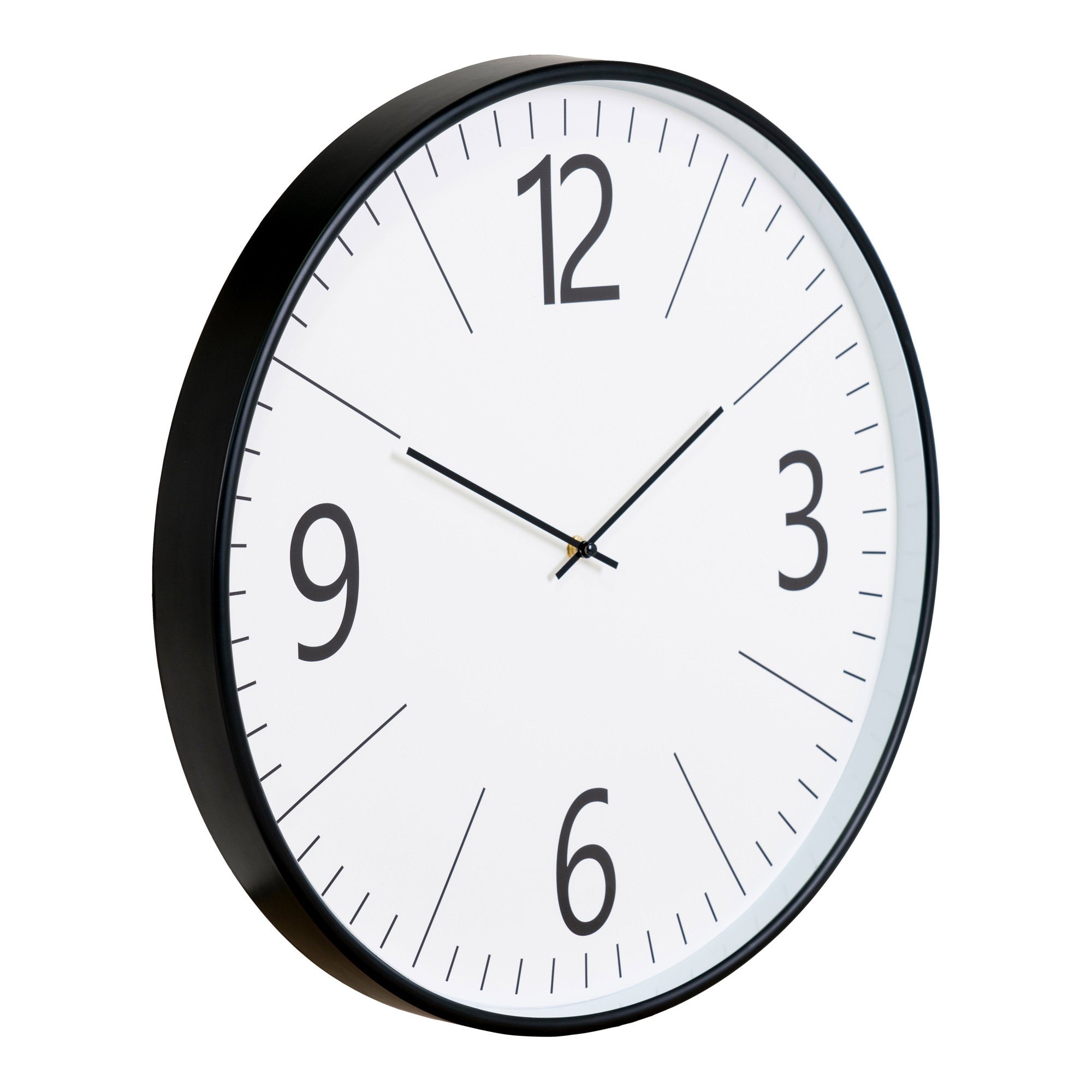 Horloge murale Biel noir blanc Ø51 cm vue trois quarts profil boîtier plastique noir mat