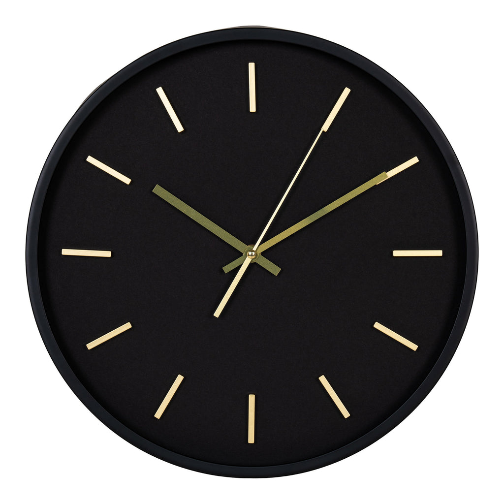 Horloge murale ronde Kensington noir mat index dorés sans chiffres Ø35 cm vue de face