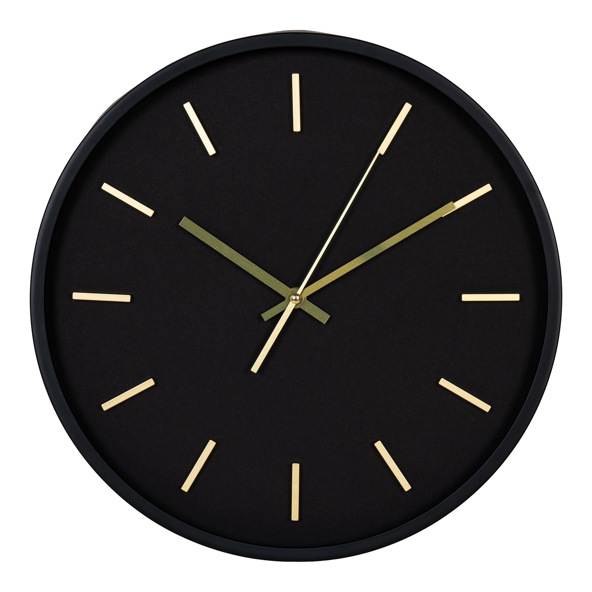 Horloge murale ronde Kensington noir mat index dorés sans chiffres Ø35 cm vue de face