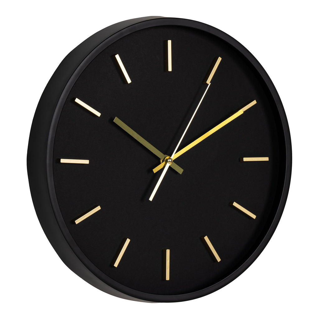 Horloge murale Kensington noir mat aiguilles dorées vue trois quarts profil boîtier Ø35 cm