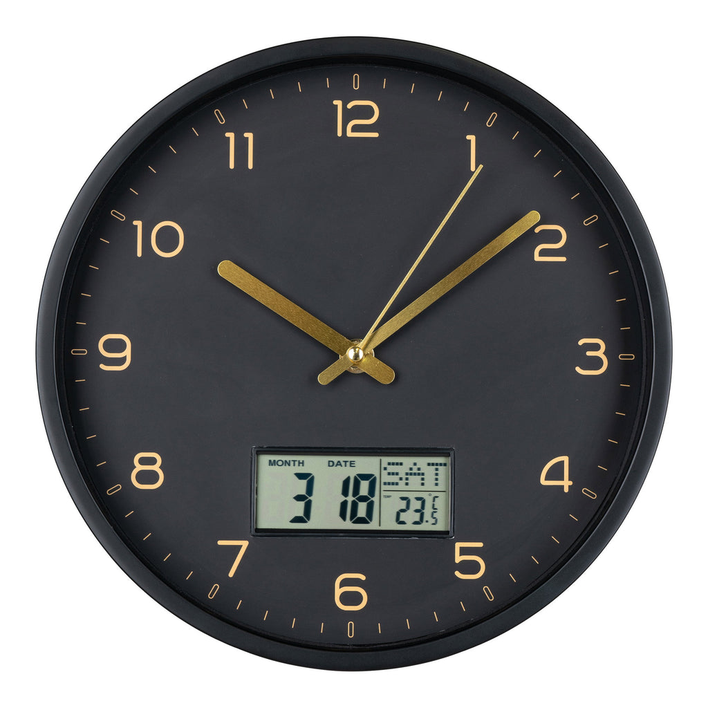 Horloge murale Amiens noir mat aiguilles dorées écran LCD date température Ø25 cm vue face