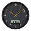 Horloge murale Amiens noir mat aiguilles dorées écran LCD date température Ø25 cm vue face