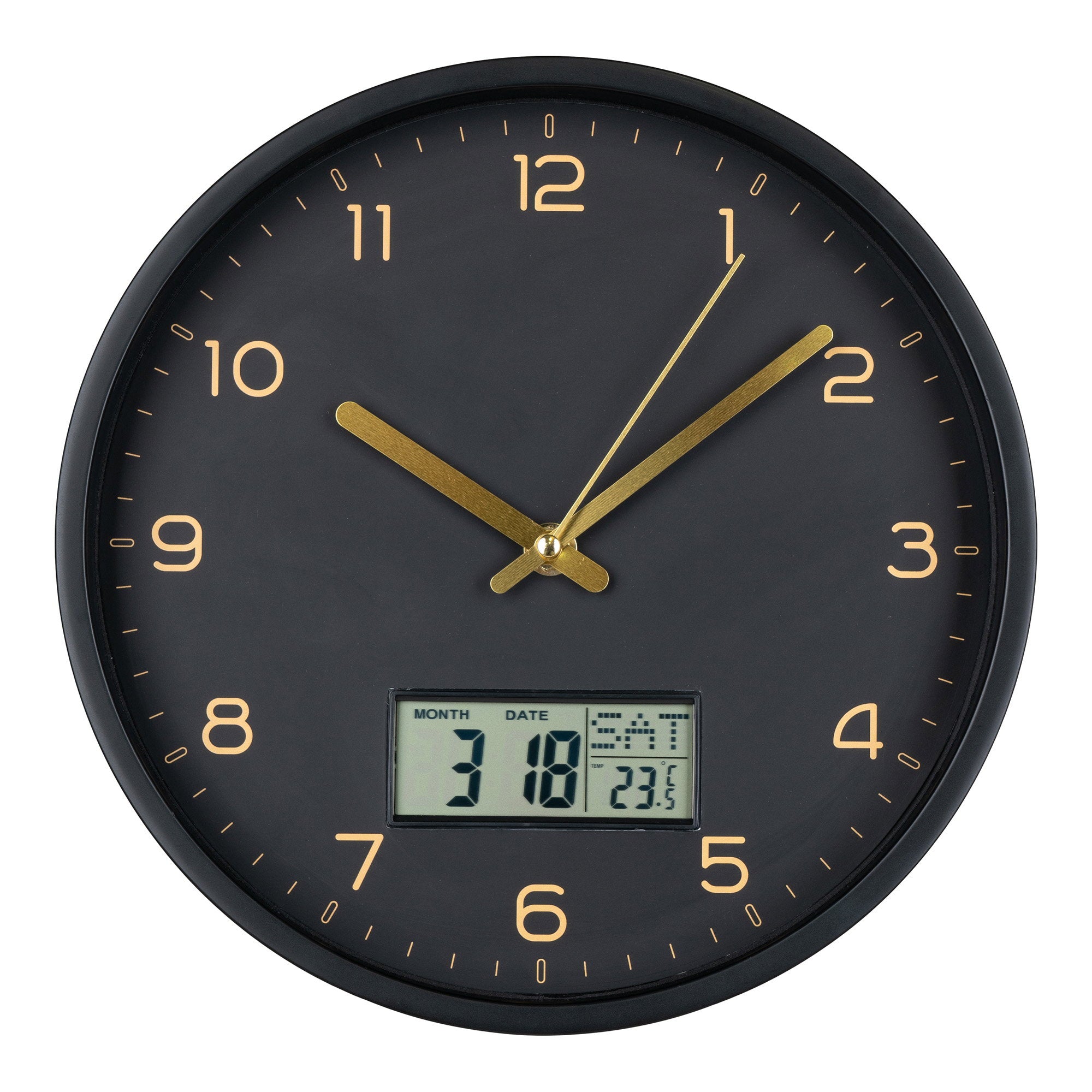 Horloge murale Amiens noir mat aiguilles dorées écran LCD date température Ø25 cm vue face