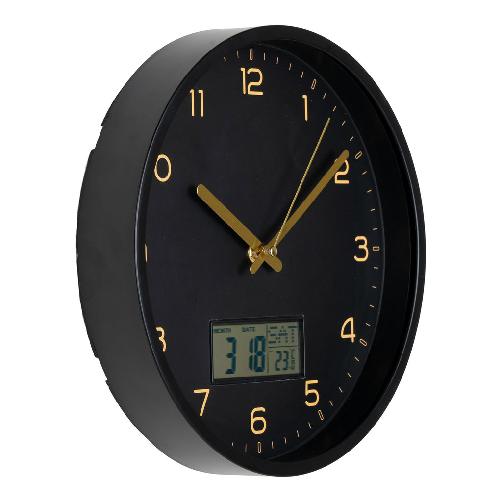 Horloge murale Amiens noir et or écran LCD intégré vue trois quarts profil boîtier Ø25 cm