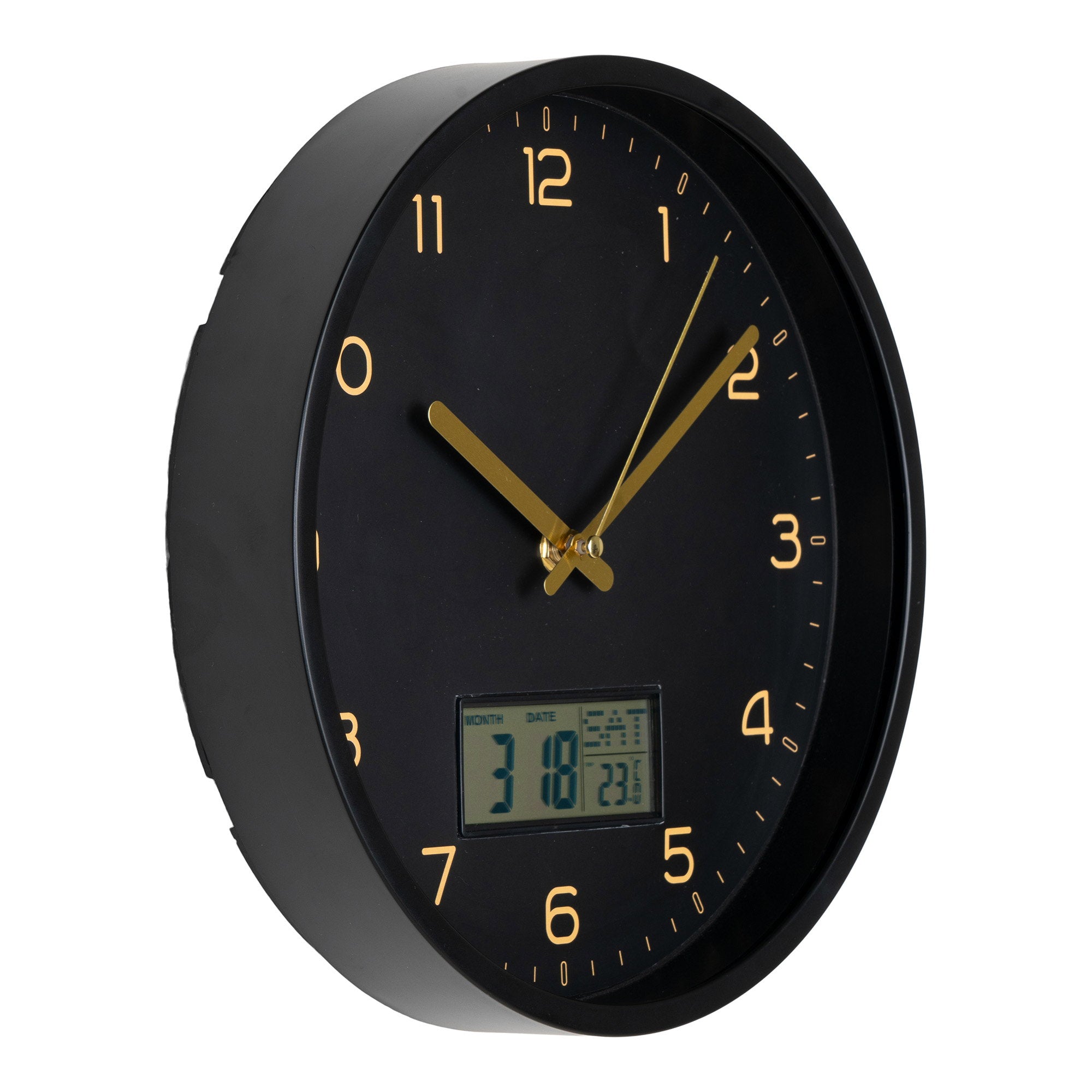 Horloge murale Amiens noir et or écran LCD intégré vue trois quarts profil boîtier Ø25 cm