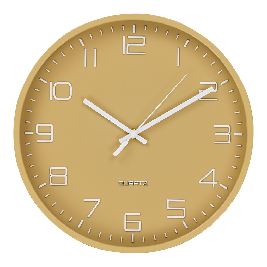 Horloge murale ronde Rosolini ocre mat cadran verre chiffres blancs Ø30 cm vue de face