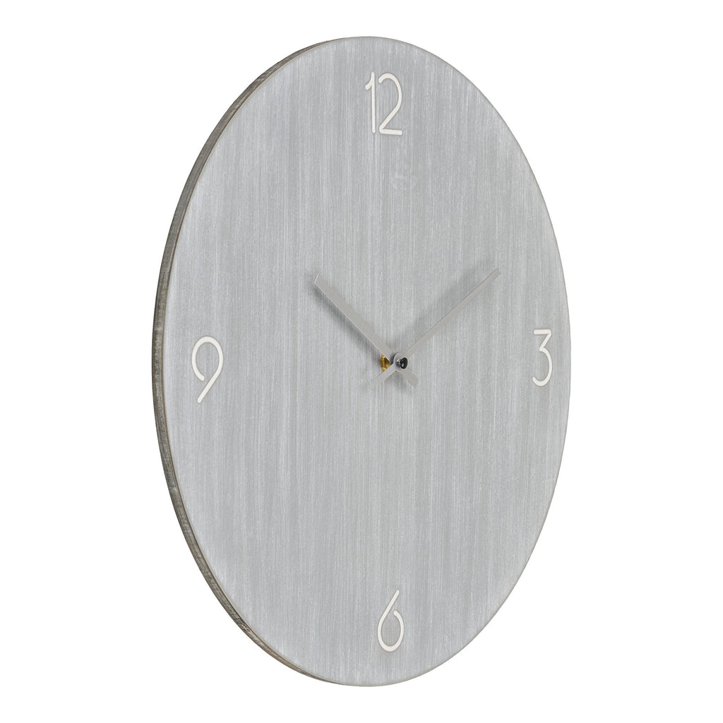 Horloge Ravenna MDF gris brossé texture stries verticales aiguilles blanches vue trois quarts