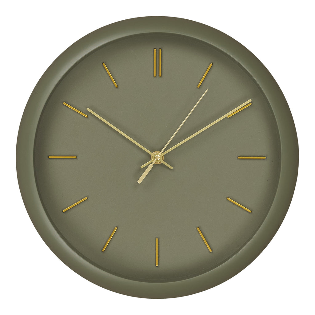 Horloge murale Rossano vert kaki mat graduations dorées aiguilles or Ø30 cm vue de face