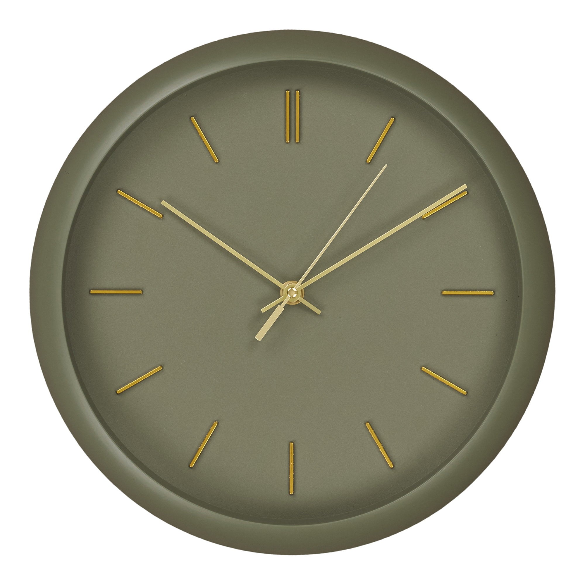 Horloge murale Rossano vert kaki mat graduations dorées aiguilles or Ø30 cm vue de face