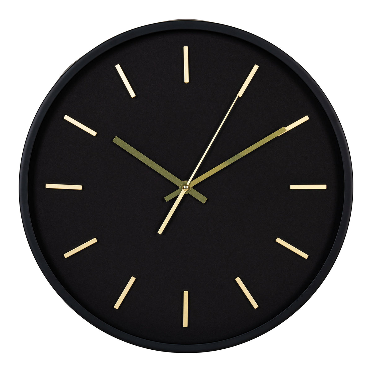 Horloge murale Kensington au cadran noir mat sans chiffres avec index et aiguilles dorés vue de face sur fond blanc