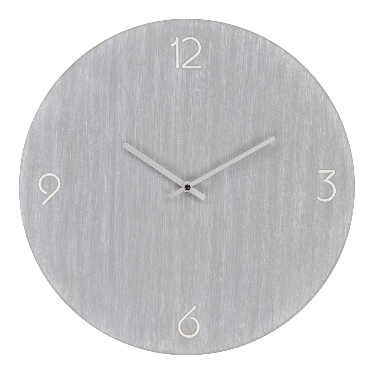 Horloge murale Ravenna gris clair vue de face cadran brossé et chiffres blancs à 12 3 6 et 9