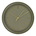 Horloge murale Rossano vert kaki vue de face cadran sans chiffres repères et aiguilles dorés