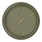 Horloge murale Rossano vert kaki vue de face cadran sans chiffres repères et aiguilles dorés