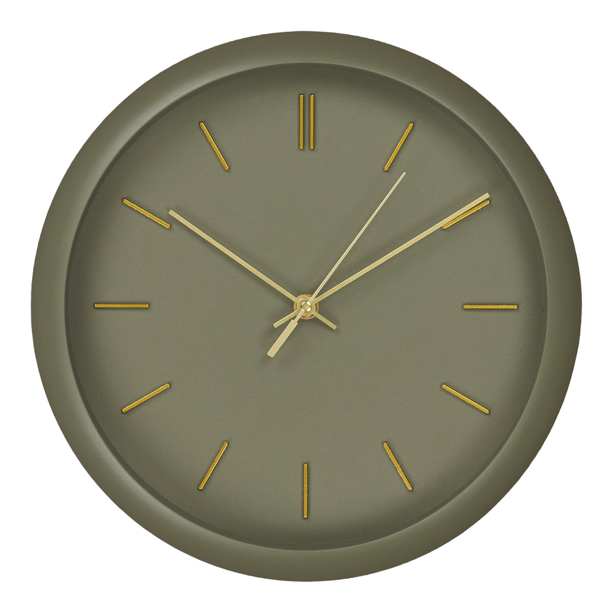 Horloge murale Rossano vert kaki vue de face cadran sans chiffres repères et aiguilles dorés