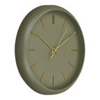 Horloge murale Rossano vert kaki vue de trois quarts avec le rebord arrondi du boîtier