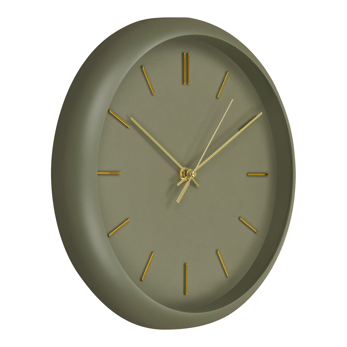 Horloge murale Rossano vert kaki vue de trois quarts avec le rebord arrondi du boîtier
