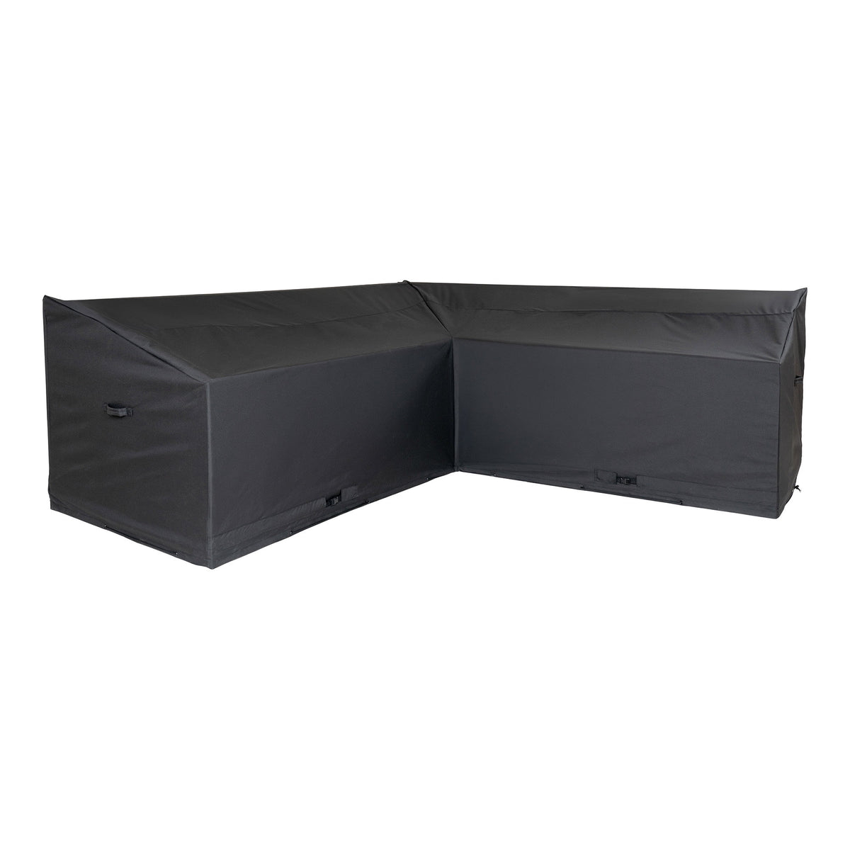 Housse Luxury Cover noire en forme de L pour canapé d'angle de jardin avec poignée et boucles clips sur fond blanc