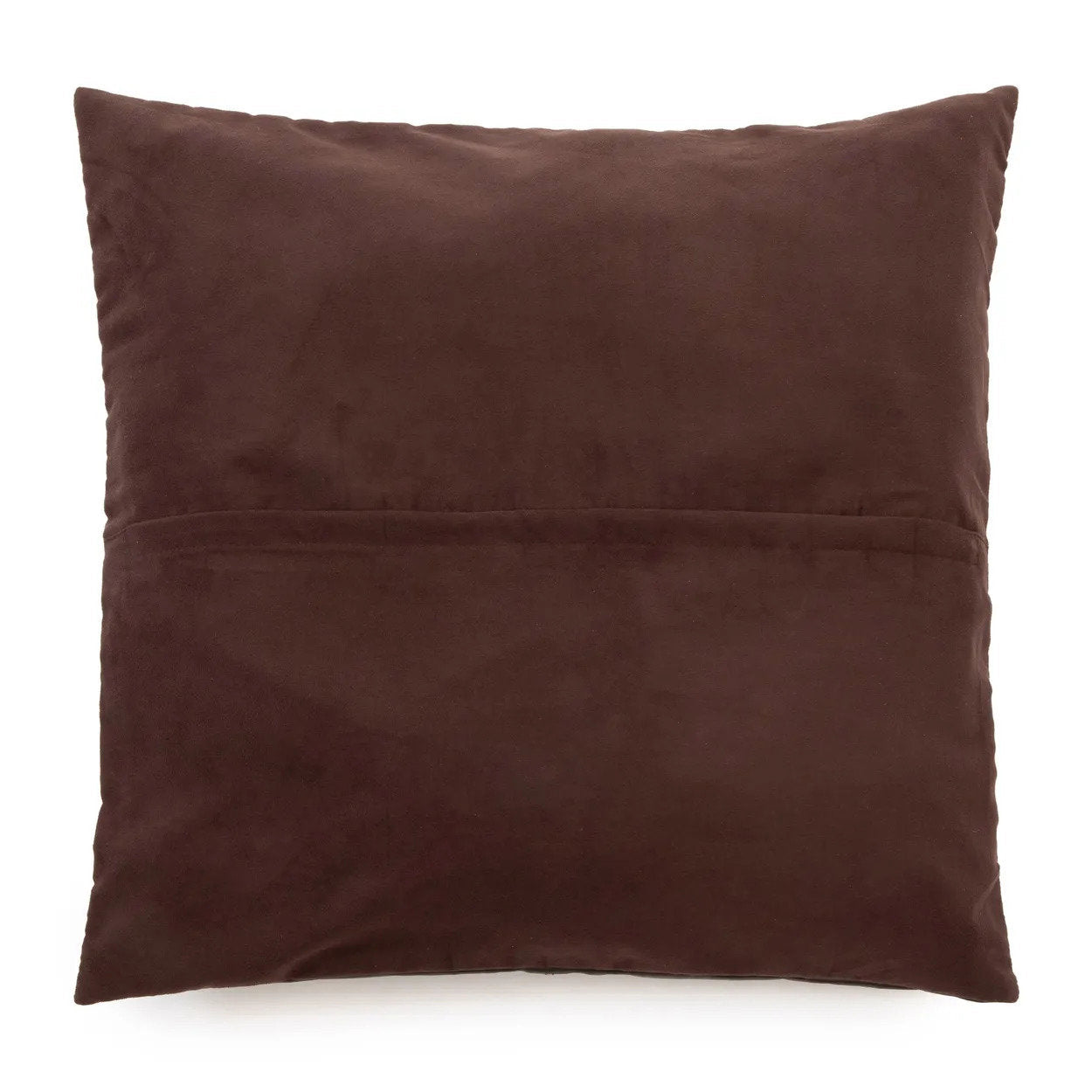 Housse de coussin en cuir chocolat à quatre panneaux 60x60 cm en situation