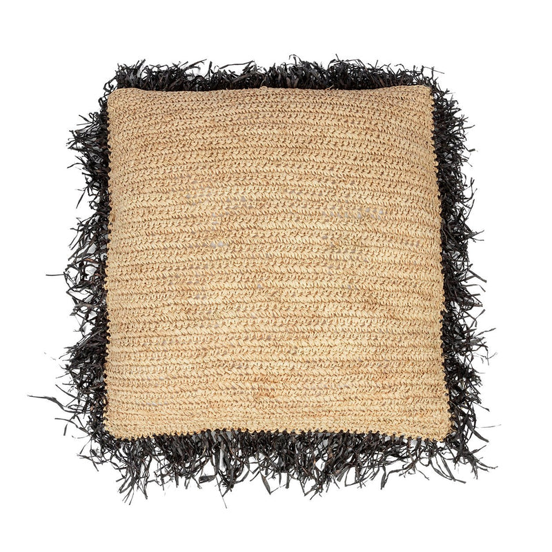Dimensions Housse de coussin en raphia naturel à frange noire 60x60 cm