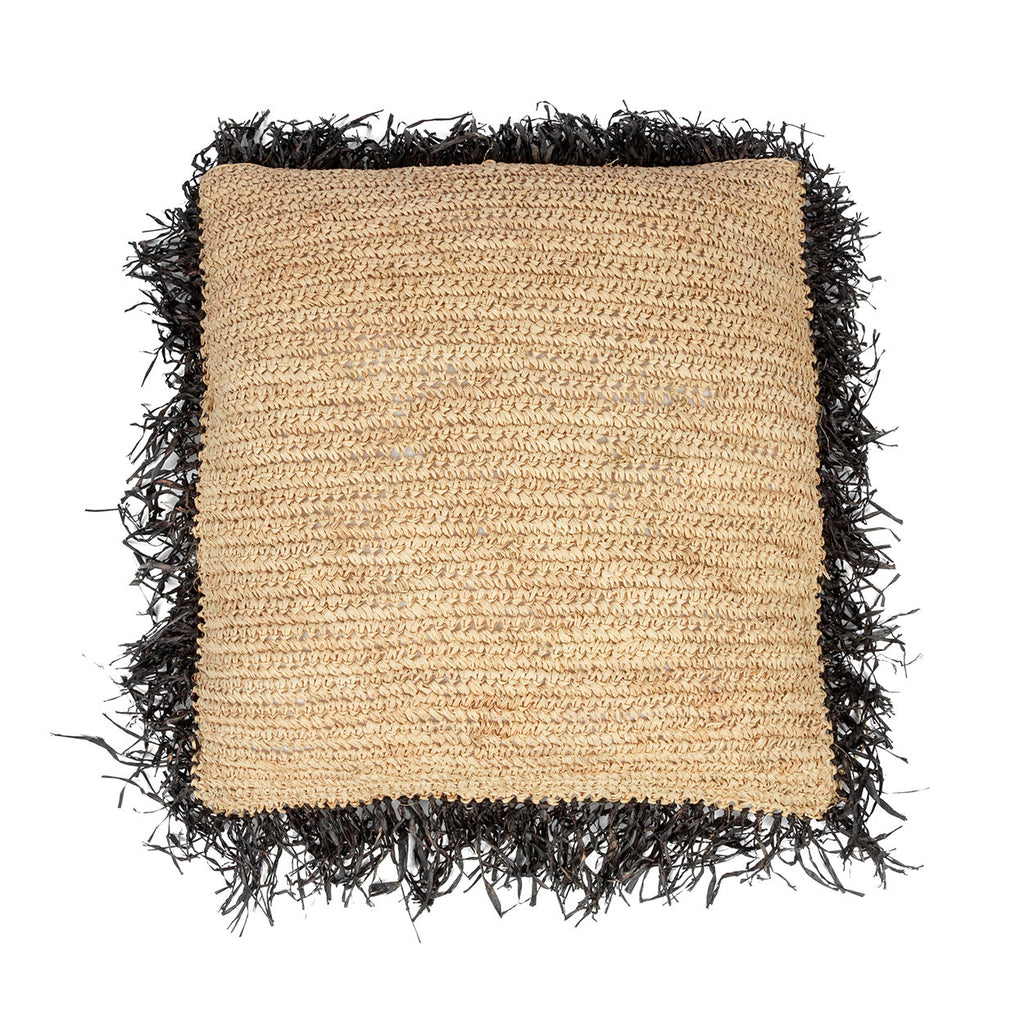 Housse de coussin en raphia naturel à frange noire 60x60 cm