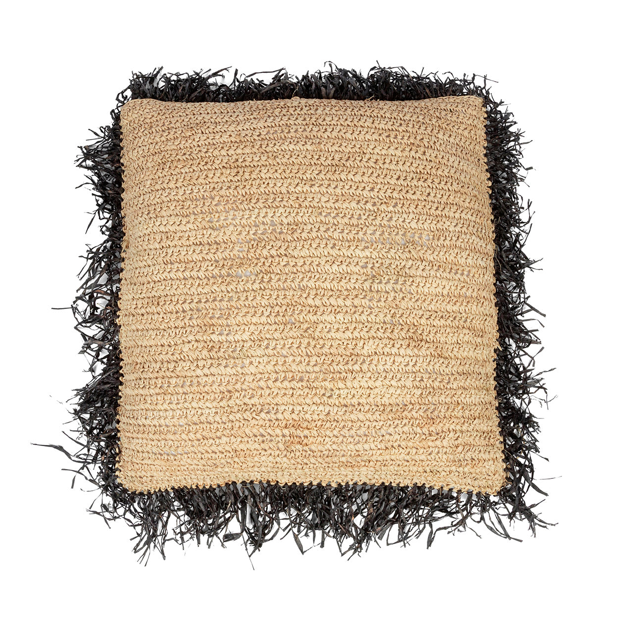 Housse de coussin en raphia naturel à frange noire 60x60 cm