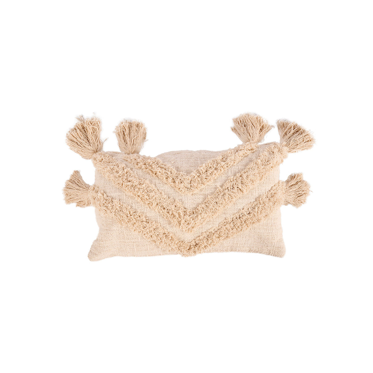 Housse de coussin Nomad Tassel en coton écru vue de face retournée avec ses pompons vers le haut