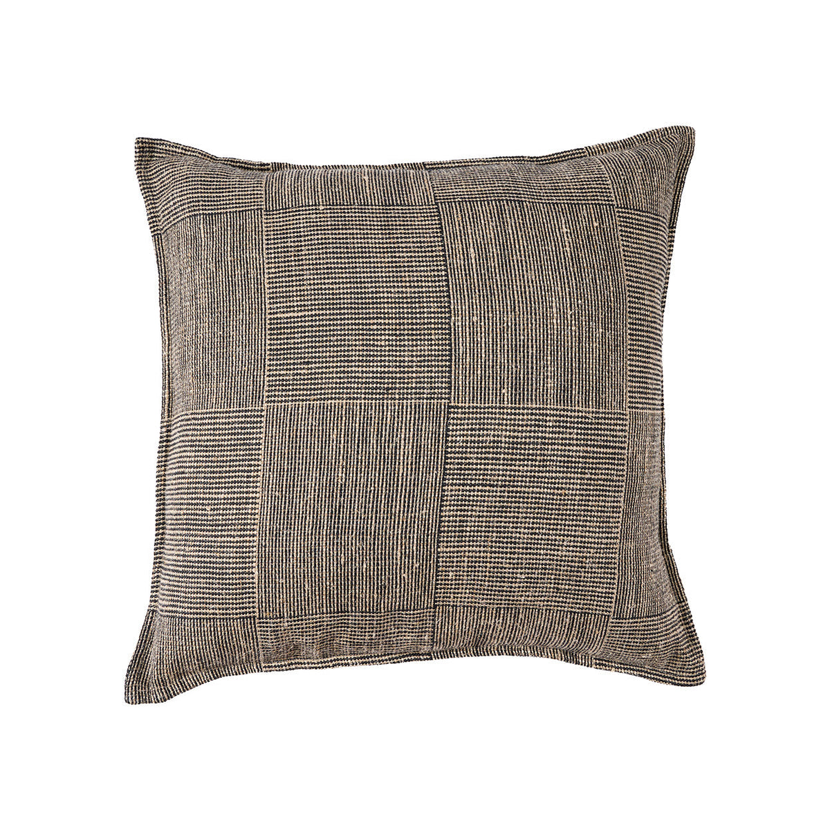 Housse de coussin Bloc Party en lin noir et naturel vue de face avec ses blocs aux rayures croisées