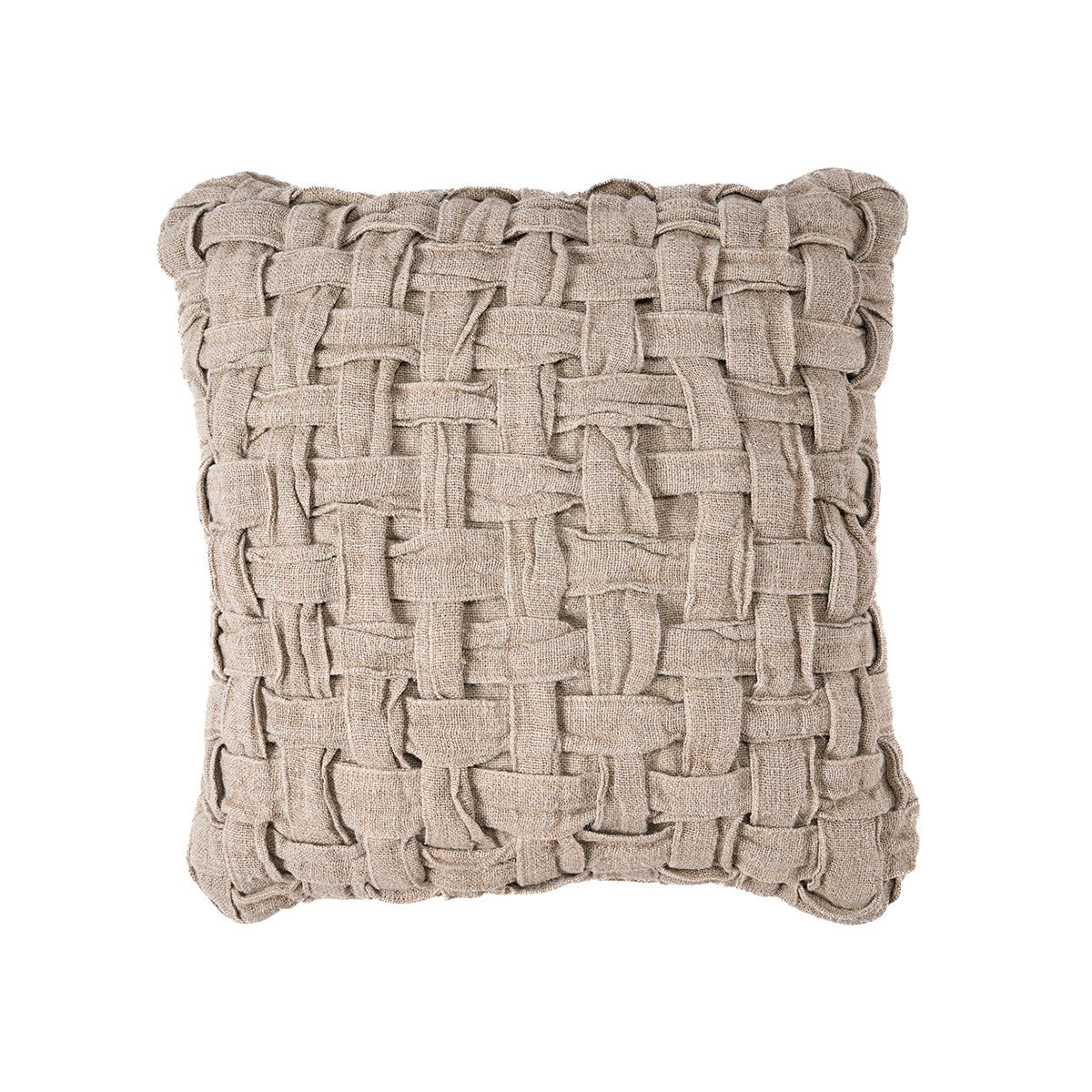 Housse de coussin Crosier de face en larges bandes de lin naturel entrelacées