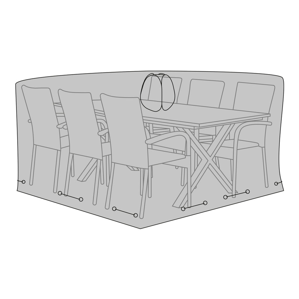Schéma utilisation housse Luxury Cover sur table de jardin et 6 chaises