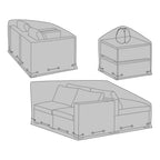 Schéma des trois housses Luxury Cover posées sur les modules d'un salon de jardin avec arceau pop up et cordons de serrage