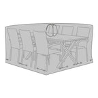Schéma de la housse Luxury Cover posée sur une table de jardin rectangulaire et six chaises avec pop up et cordon de serrage