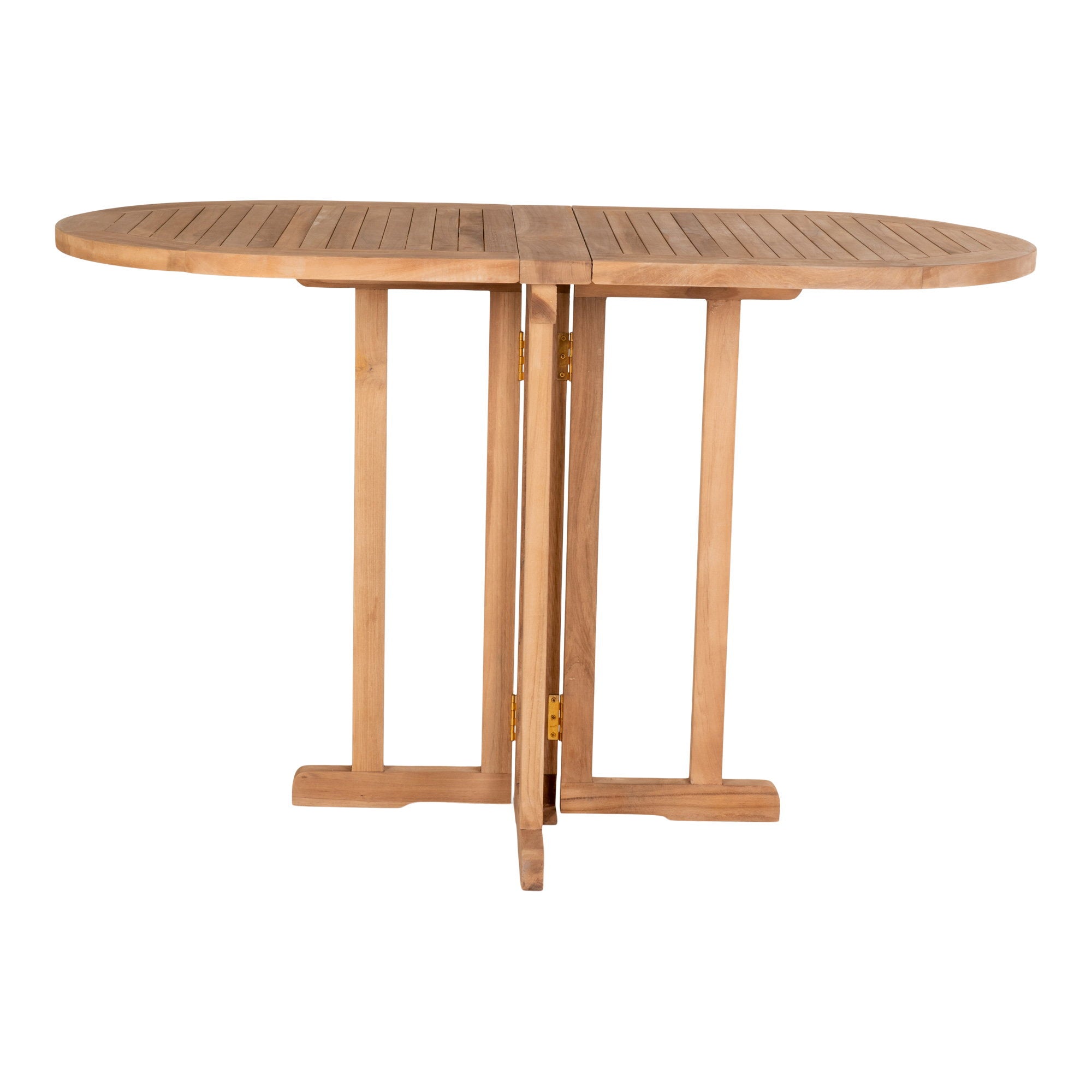 Table de jardin pliante teck massif naturel ovale ouverte deux abattants fond blanc