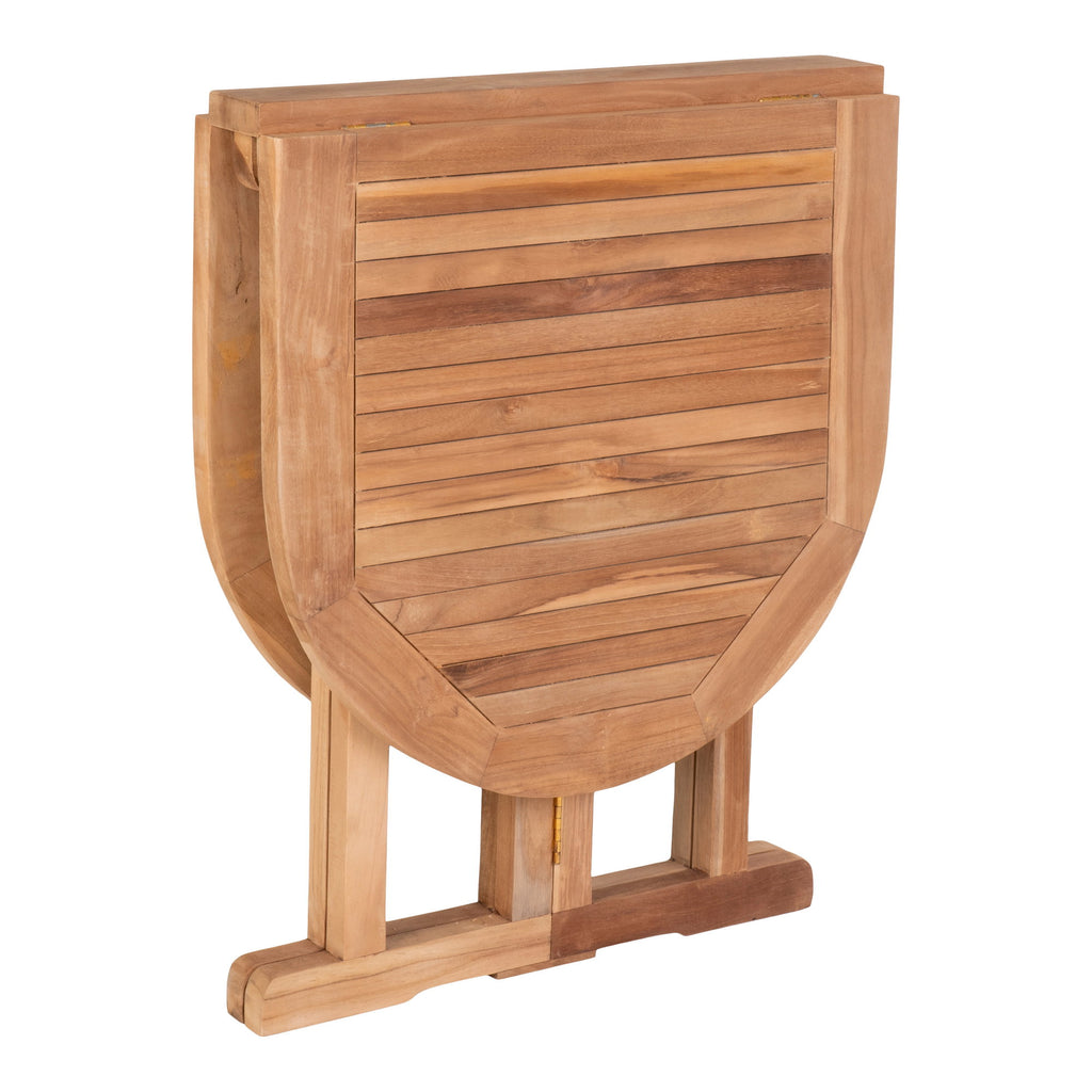 Table jardin teck massif pliante complètement repliée position rangement compact fond blanc
