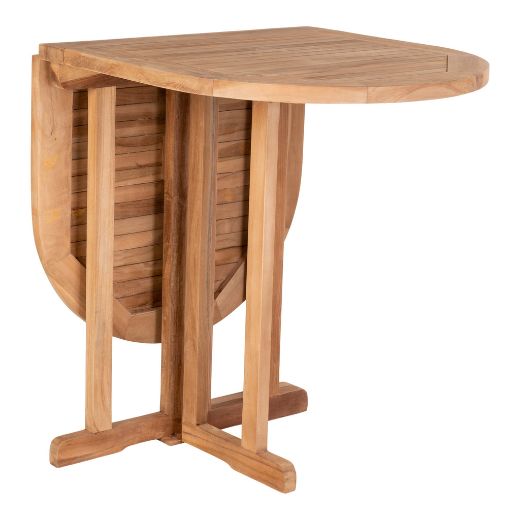 Table jardin teck naturel pliante abattant semi-ouvert position intermédiaire fond blanc