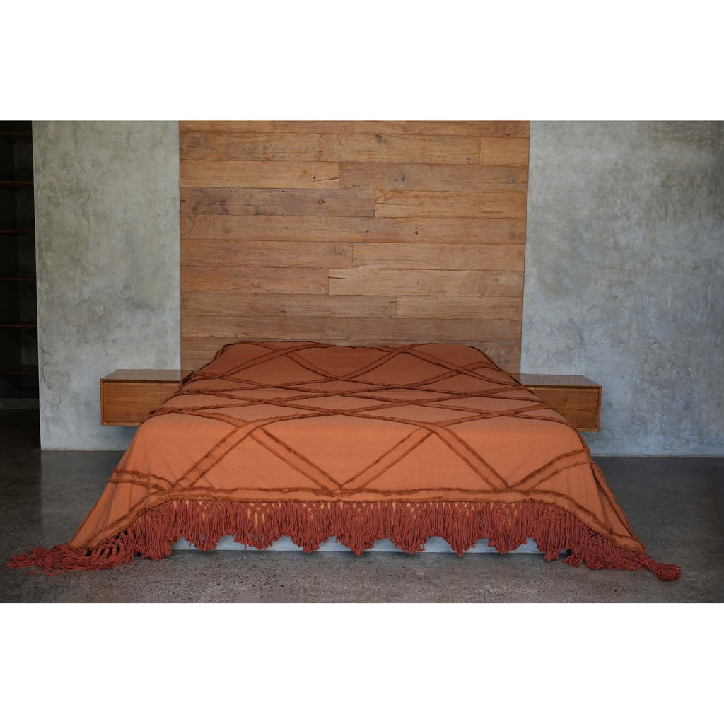Jeté de lit Berber en coton terracotta à bandes effilochées 240 x 300 cm, vue 3