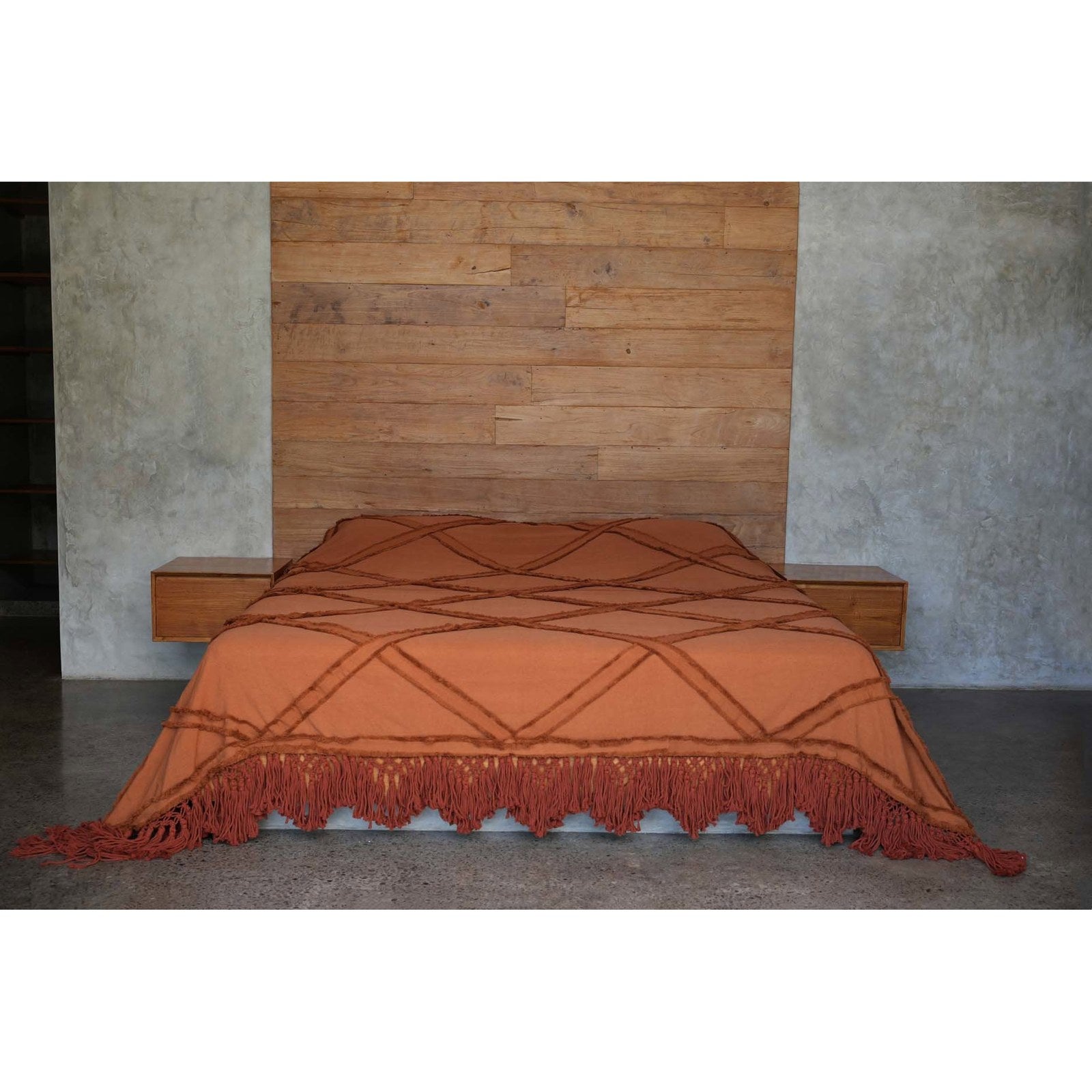 Jeté de lit Berber en coton terracotta à bandes effilochées 240 x 300 cm, vue 3