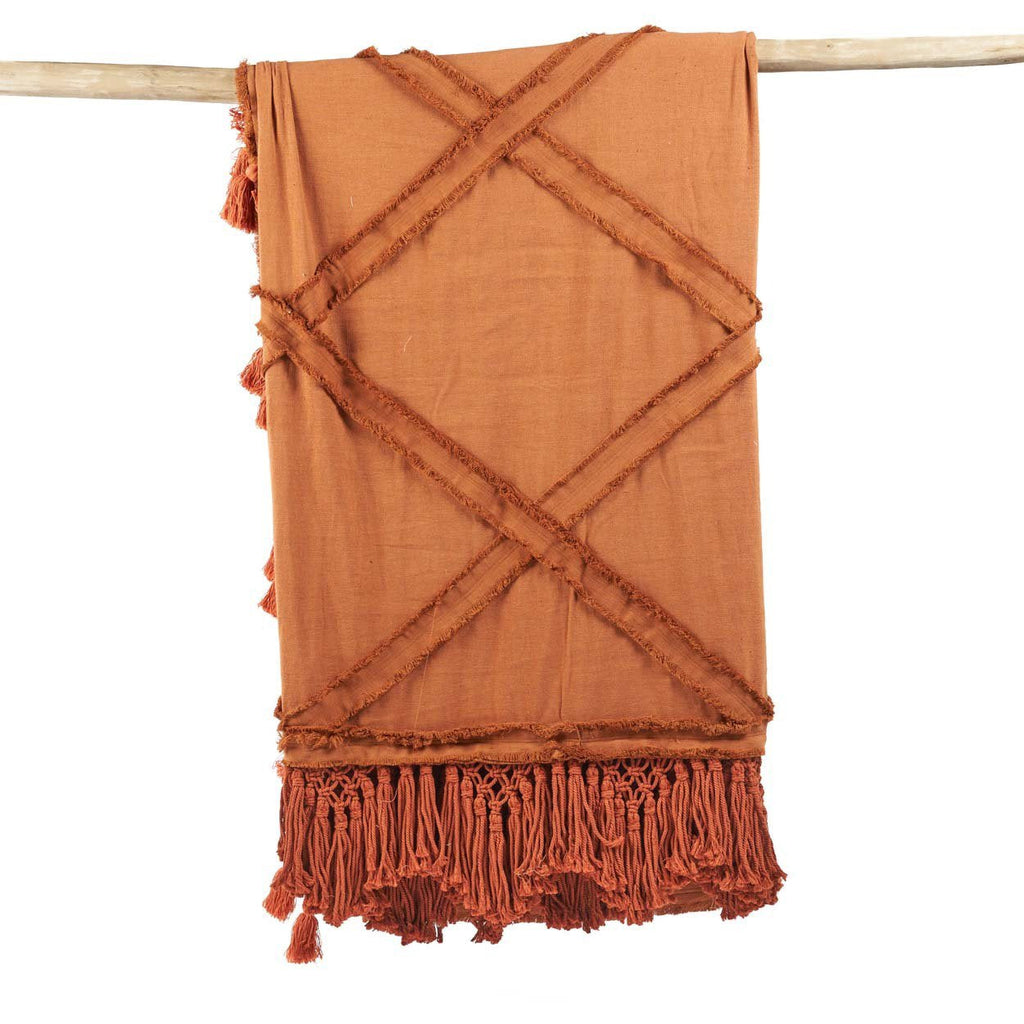 Jeté de lit Berber en coton terracotta à bandes effilochées 240 x 300 cm, vue 5