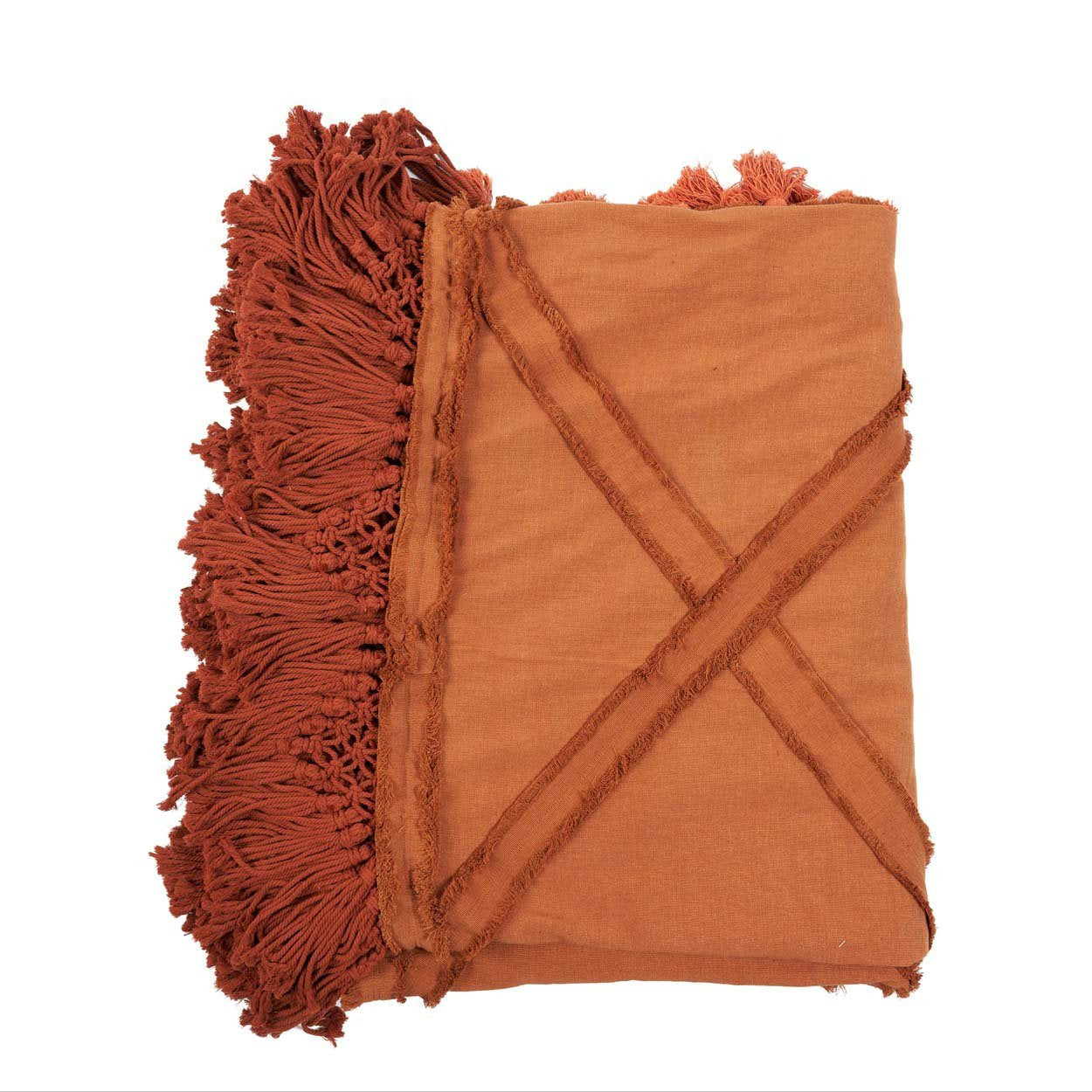 Jeté de lit Berber en coton terracotta à bandes effilochées 240 x 300 cm, vue 6