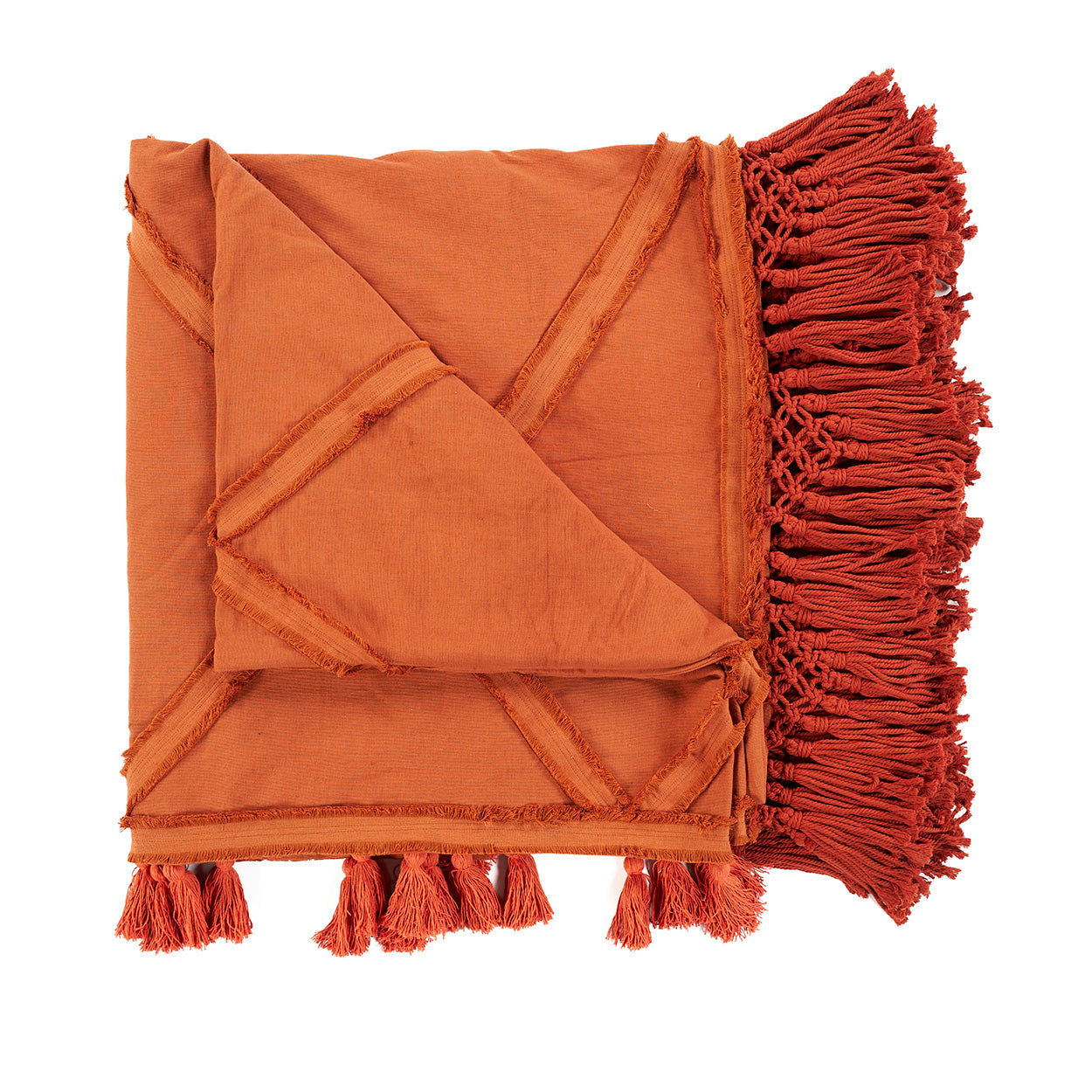 Jeté de lit Berber en coton terracotta à bandes effilochées 240 x 300 cm