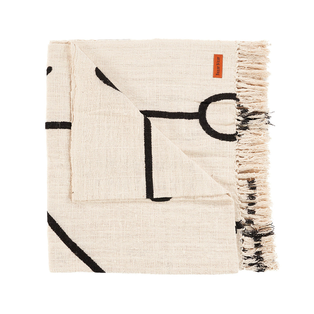 Jeté de lit Evil Eye en coton écru à motif noir 128 x 240 cm