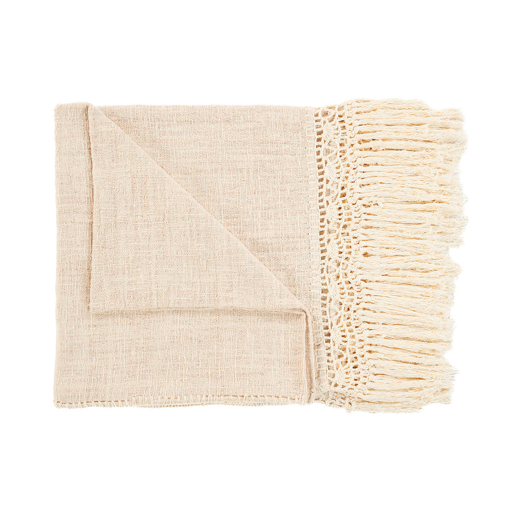 Jeté de lit Gypsy en coton écru à frange macramé 135 x 270 cm