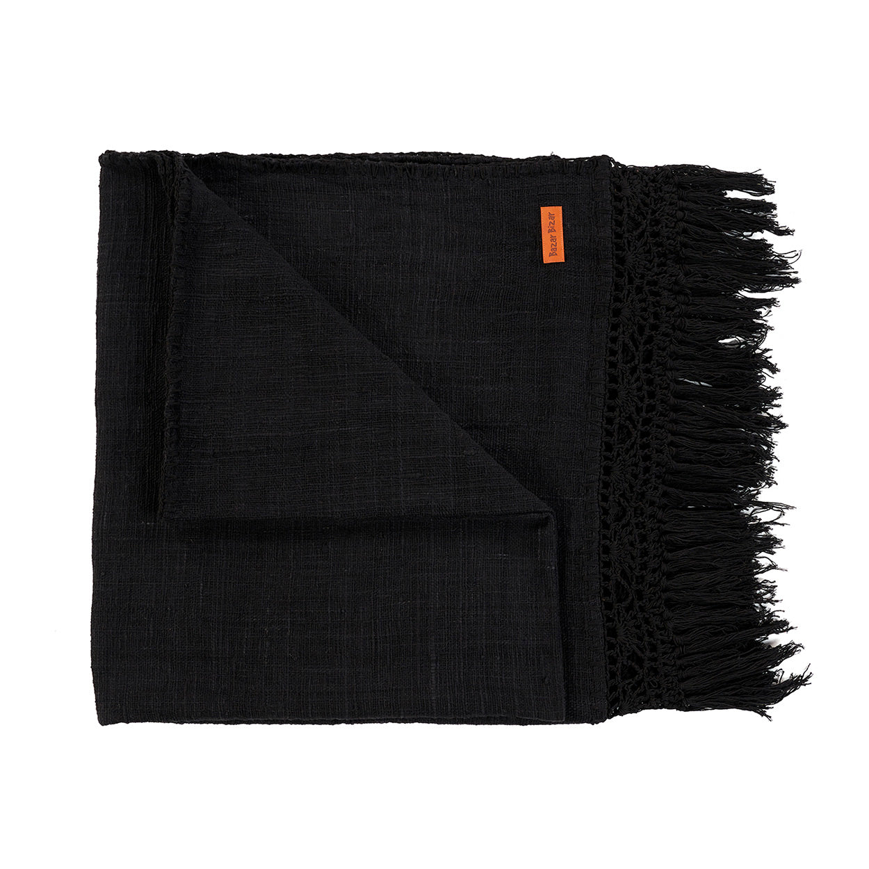 Jeté de lit Gypsy en coton noir à frange macramé 122 x 260 cm