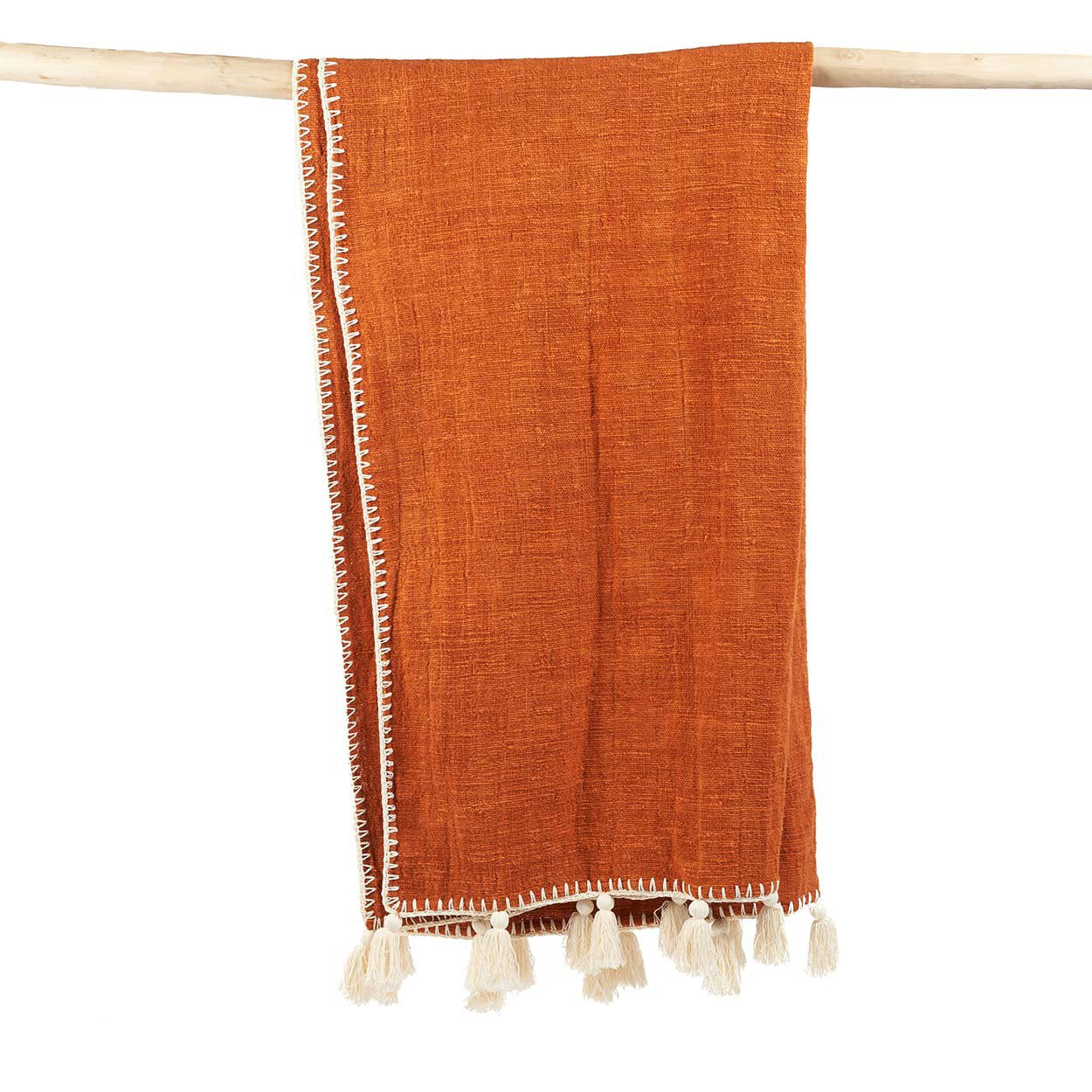 Jeté de lit Stitch en coton terracotta surjeté écru 126 x 246 cm, vue 7